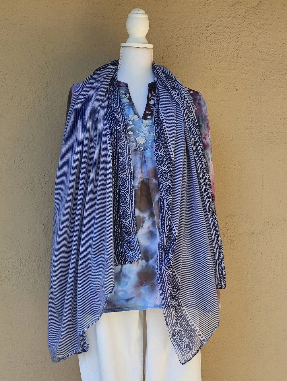 Semi Sheer Gauzy Mixed Print Blue & White Scarf